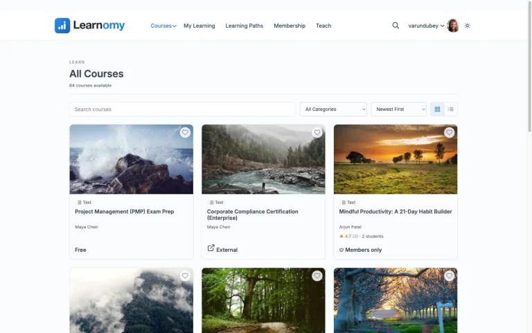 Learnomy course catalog frontend showing multiple courses