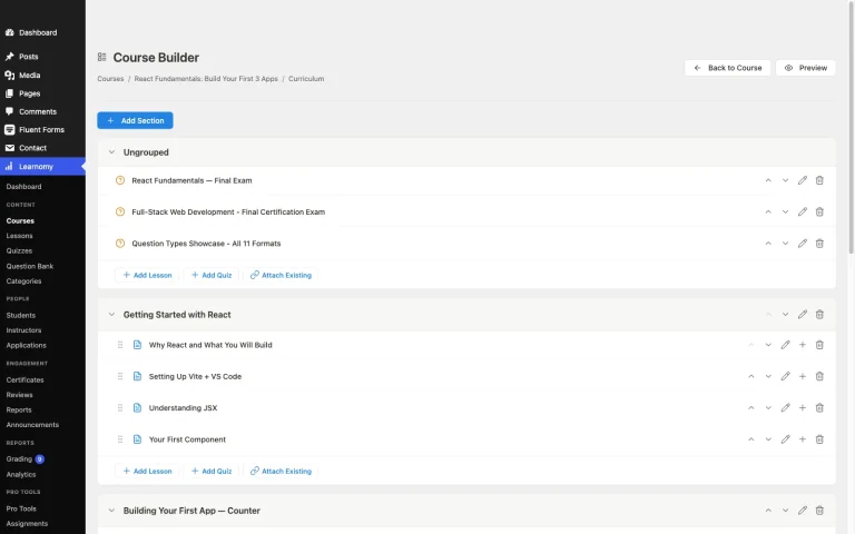 Learnomy drag-and-drop course builder showing sections, lessons, and content tree