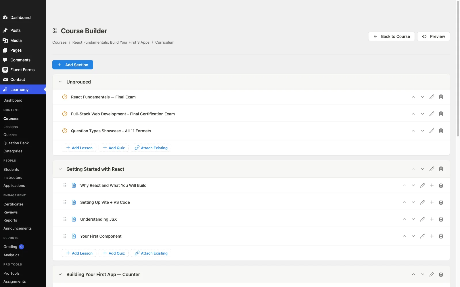 Learnomy drag-and-drop course builder showing sections, lessons, and content tree