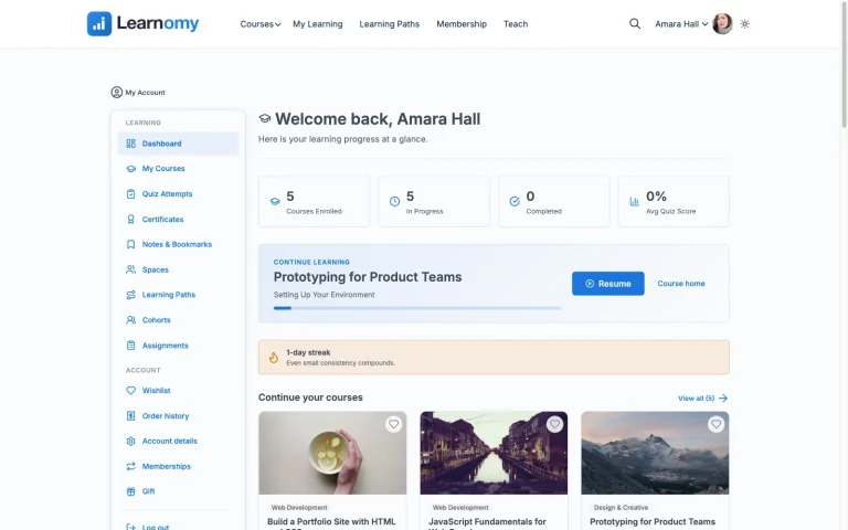 Learnomy student dashboard showing enrolled courses and progress