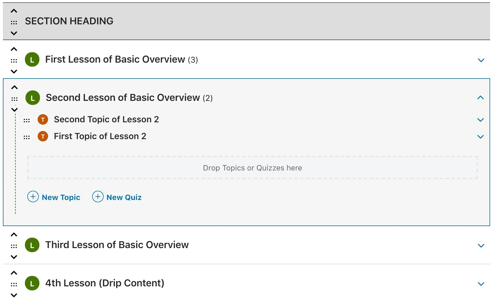 LearnDash Course Builder showing sections, lessons, topics, and quizzes in the WordPress admin
