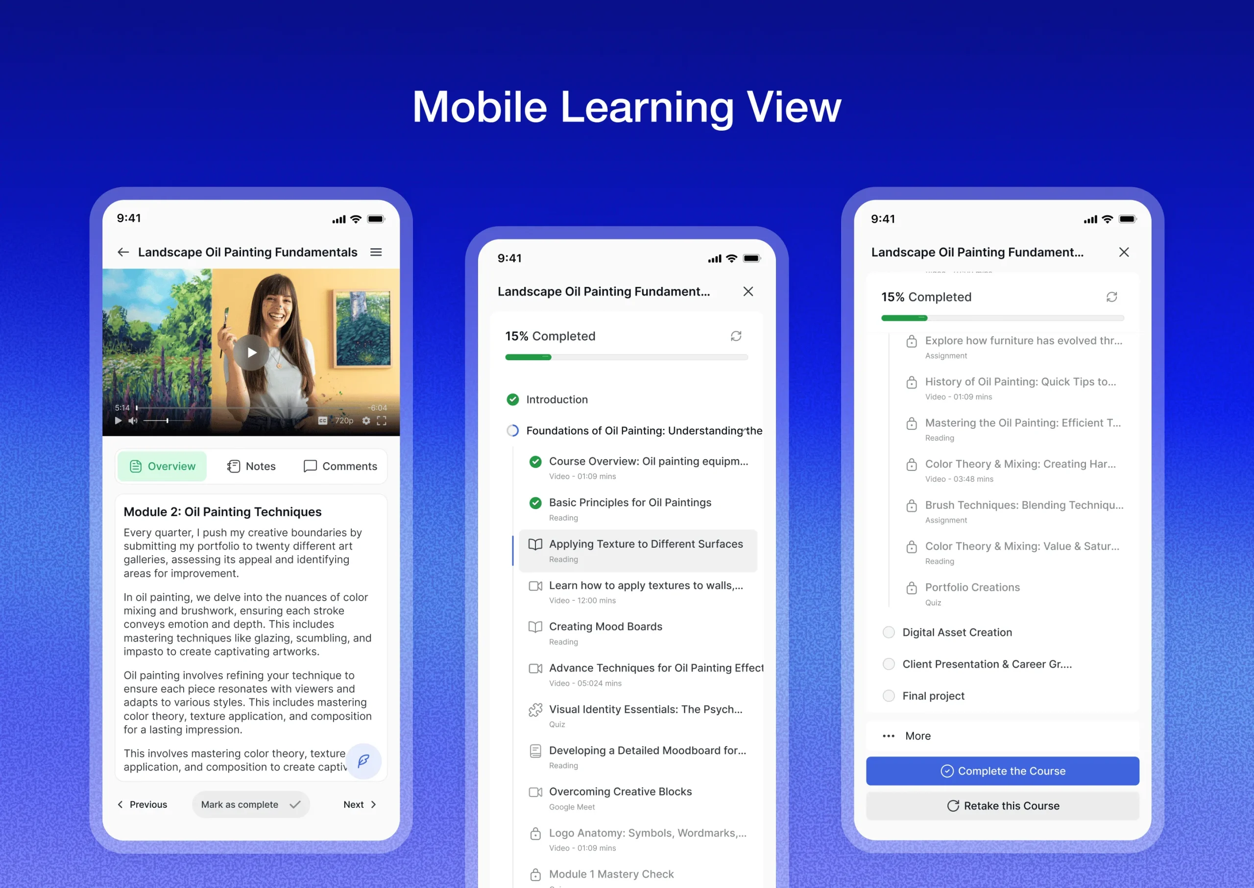 Tutor LMS mobile learning view showing course progress and lesson list