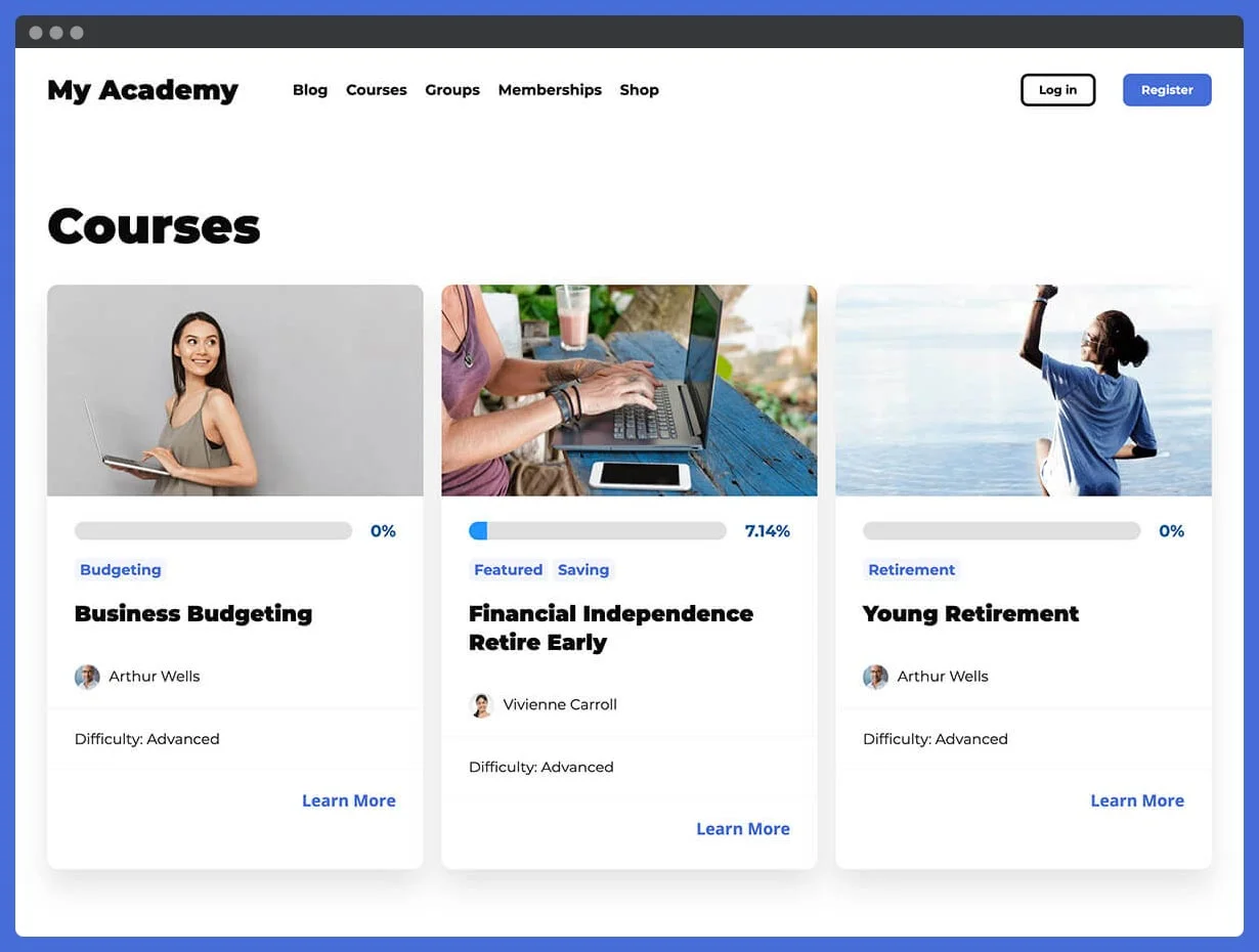 LifterLMS course catalog page with progress bars and difficulty tags