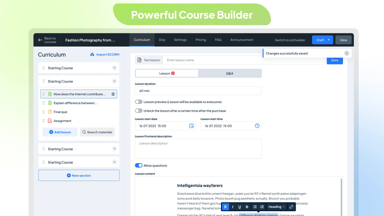 MasterStudy LMS block-based course builder with curriculum, drip, and pricing tabs