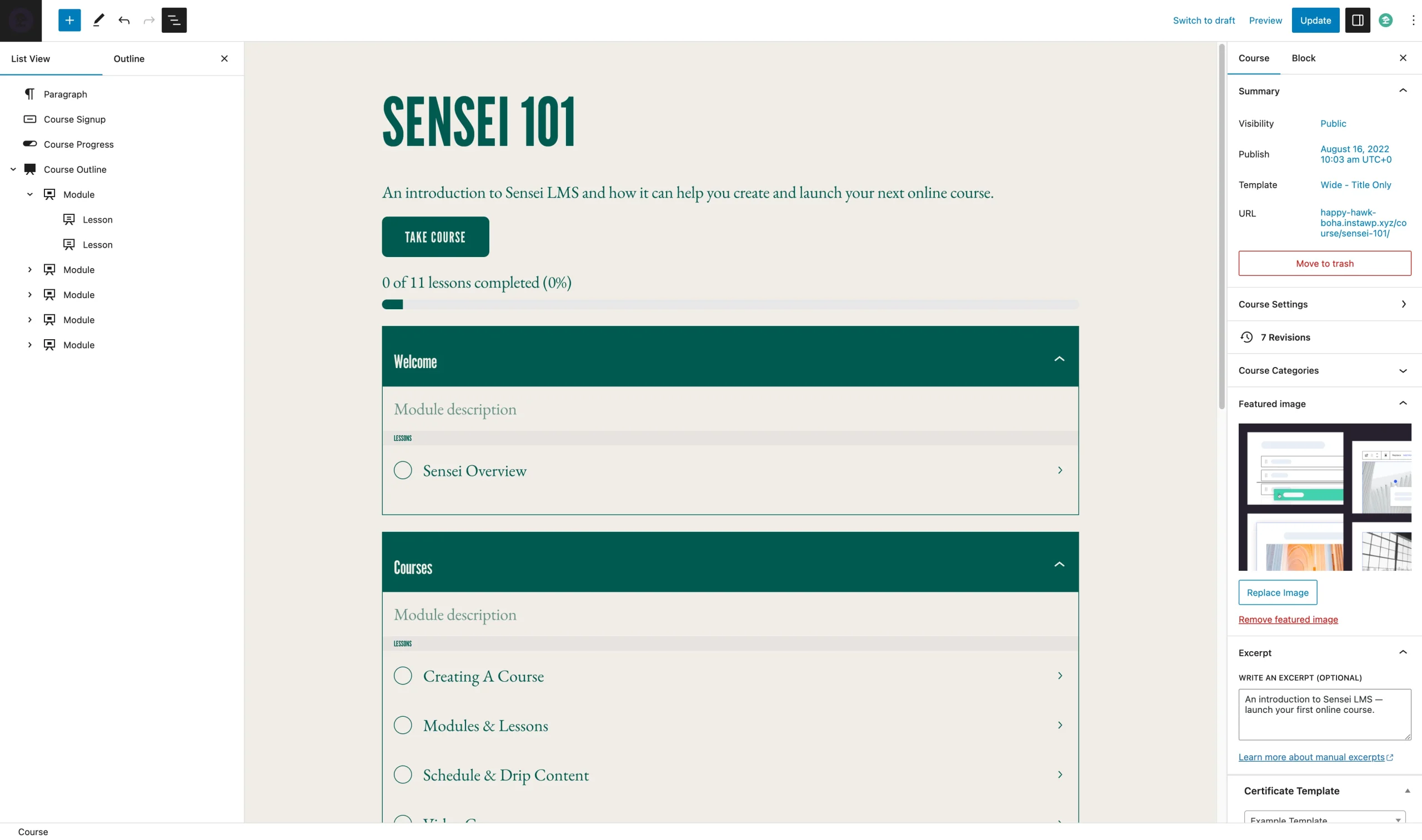 Sensei LMS course editor built on the WordPress block editor, with modules and lessons