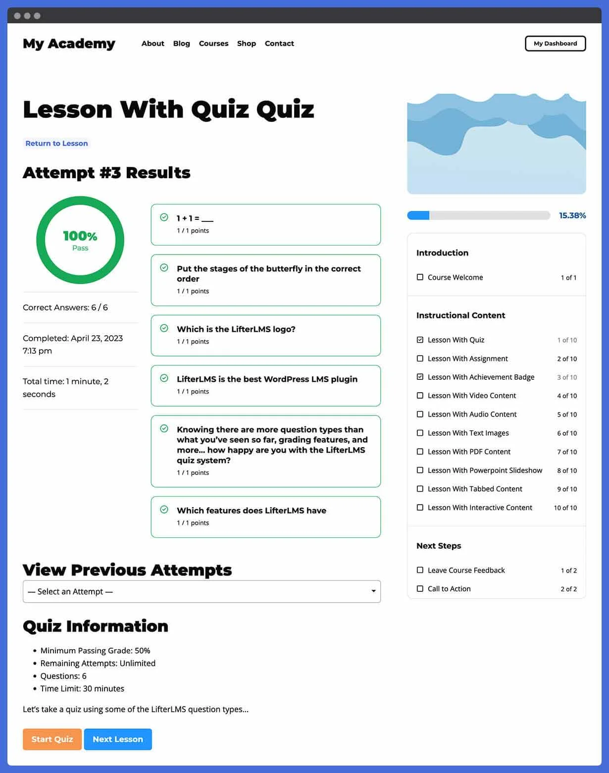 LifterLMS quiz results screen with course progress sidebar