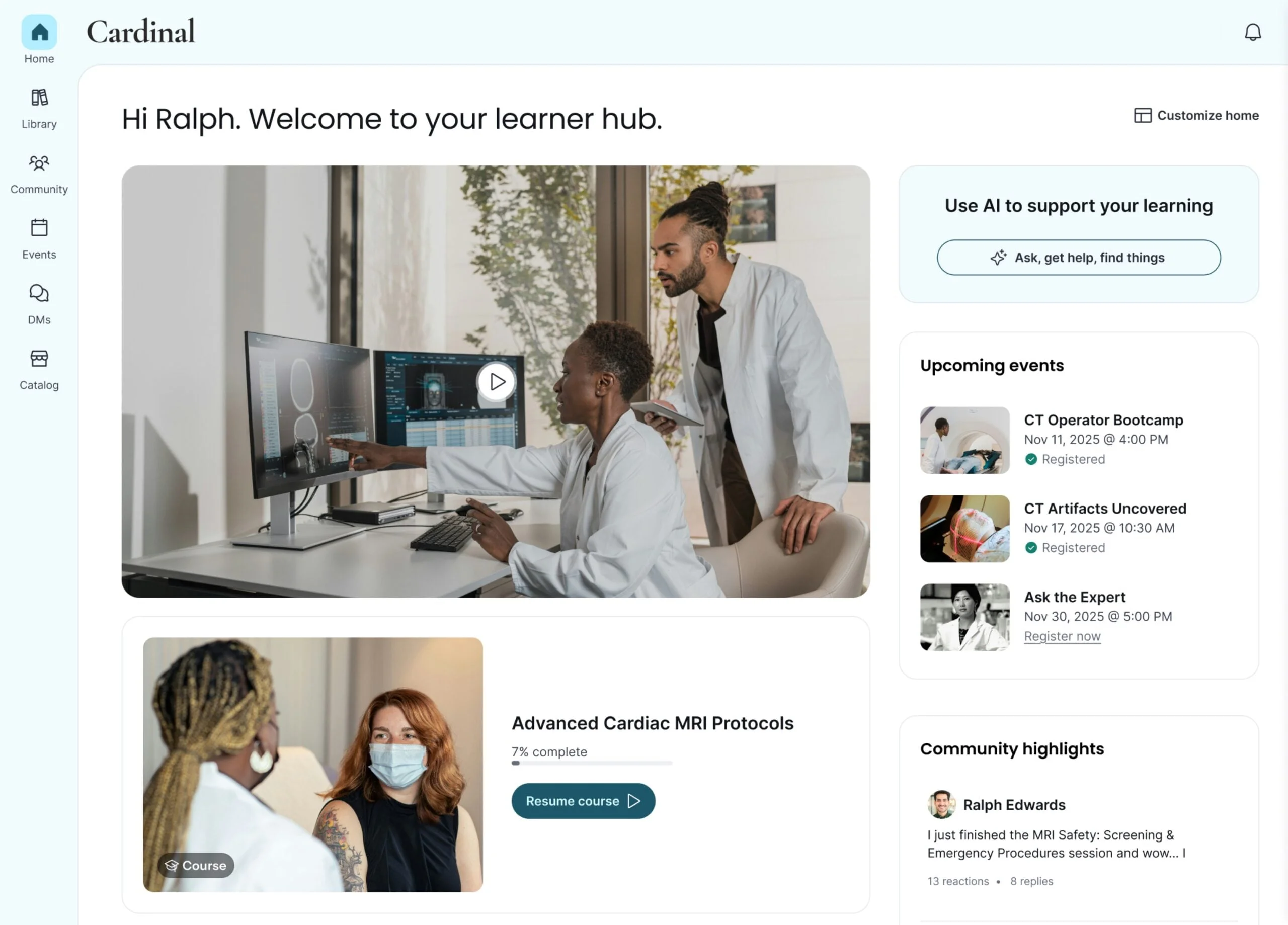 Thinkific hosted learner hub with course progress and community highlights