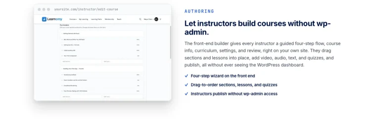 Learnomy frontend course builder showing drag and drop lesson creation where an instructor can start from an AI-drafted curriculum outline
