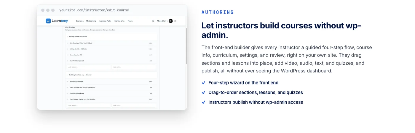 Learnomy frontend course builder showing drag and drop lesson creation where an instructor can start from an AI-drafted curriculum outline