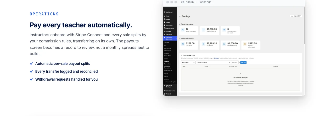 Learnomy instructor dashboard showing revenue sharing, payout tracking, and multi-instructor management