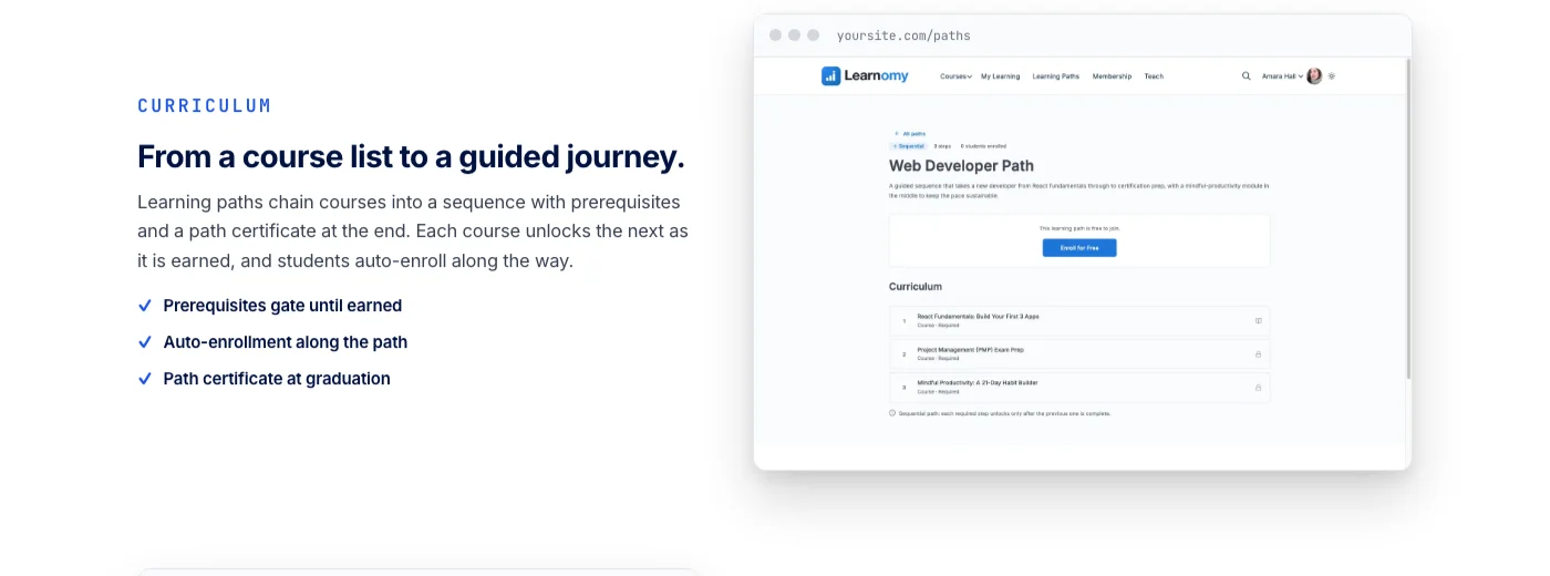 Learnomy learning path screen showing a sequential curriculum of courses with prerequisites, auto-enrollment and a path certificate
