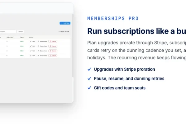 Learnomy memberships screen listing subscription plans with pricing, trial periods, and active subscriber counts