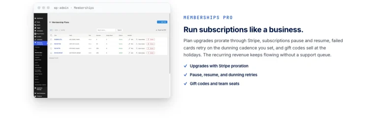 Learnomy memberships screen listing subscription plans with pricing, trial periods, and active subscriber counts