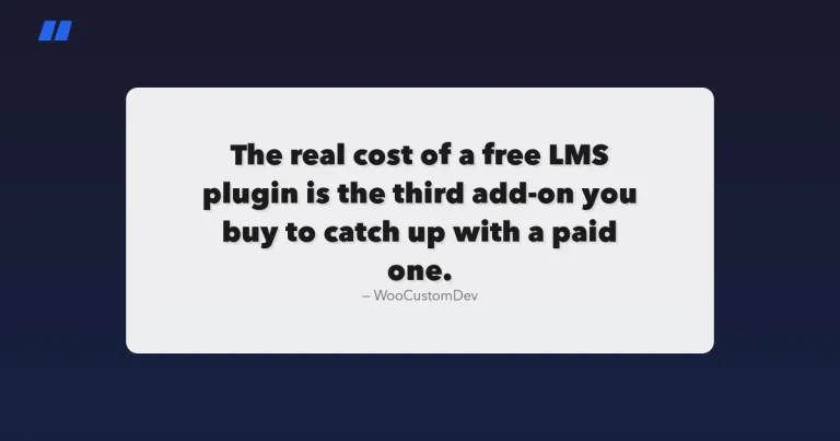 Quote card reading: the real cost of a free LMS plugin is the third add-on you buy to catch up with a paid one, representing the hidden cost of free WordPress LMS plugins